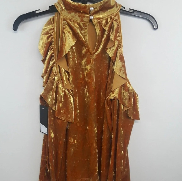 Free Press Gold Velvet Cold Shoulder Blouse Ruffle - Picture 4 of 8